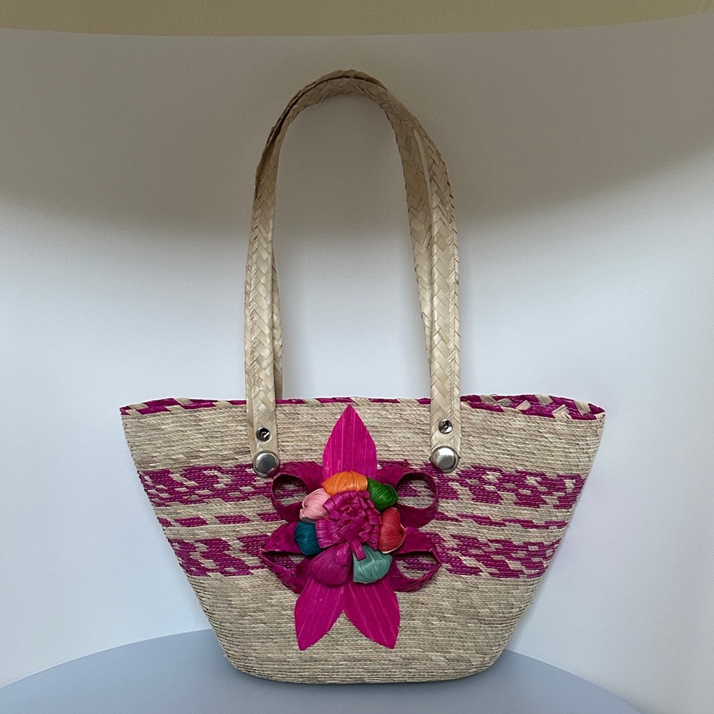 Handmade Palm Pink and Beige Floral Tote Bag
